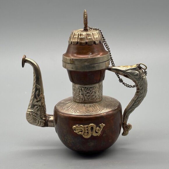Vintage Tibetan Copper And Brass Teapot With Dragon Motif And Ornate Sculpted - Picture 5 of 8